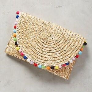 Shiraleah Pommed Straw Clutch Woven Pom Pom Beige Tote purse Anthropology